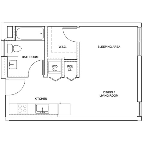 Floor plan for studio, 1 bath, 414 sqft