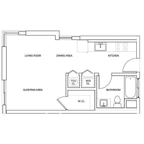 Floor plan for studio, 1 bath, 438 sqft