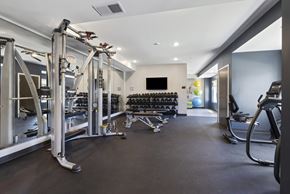Fridley apartment for rent - A gym with a variety of equipment including treadmills, weights, and exercise machines.