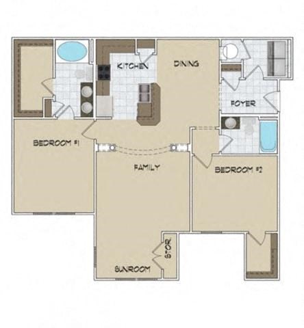 Floor plan for 2 beds, 2 baths, 1275 sqft