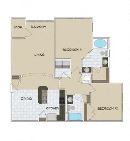 Floor plan for 2 beds, 2 baths, 1277 sqft
