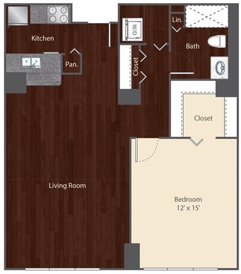 Floor plan for 1 bed, 1 bath, 830 sqft