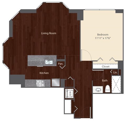 Floor plan for 1 bed, 1 bath, 850 sqft