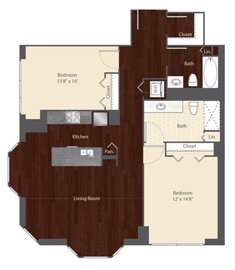 Floor plan for 2 beds, 2 baths, 1150 sqft