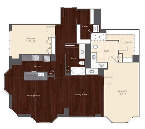 Floor plan for 2 beds, 2 baths, 1585 sqft