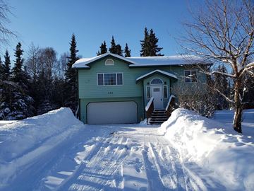 Kenai house for rent - A house with a green exterior is surrounded by snow.
