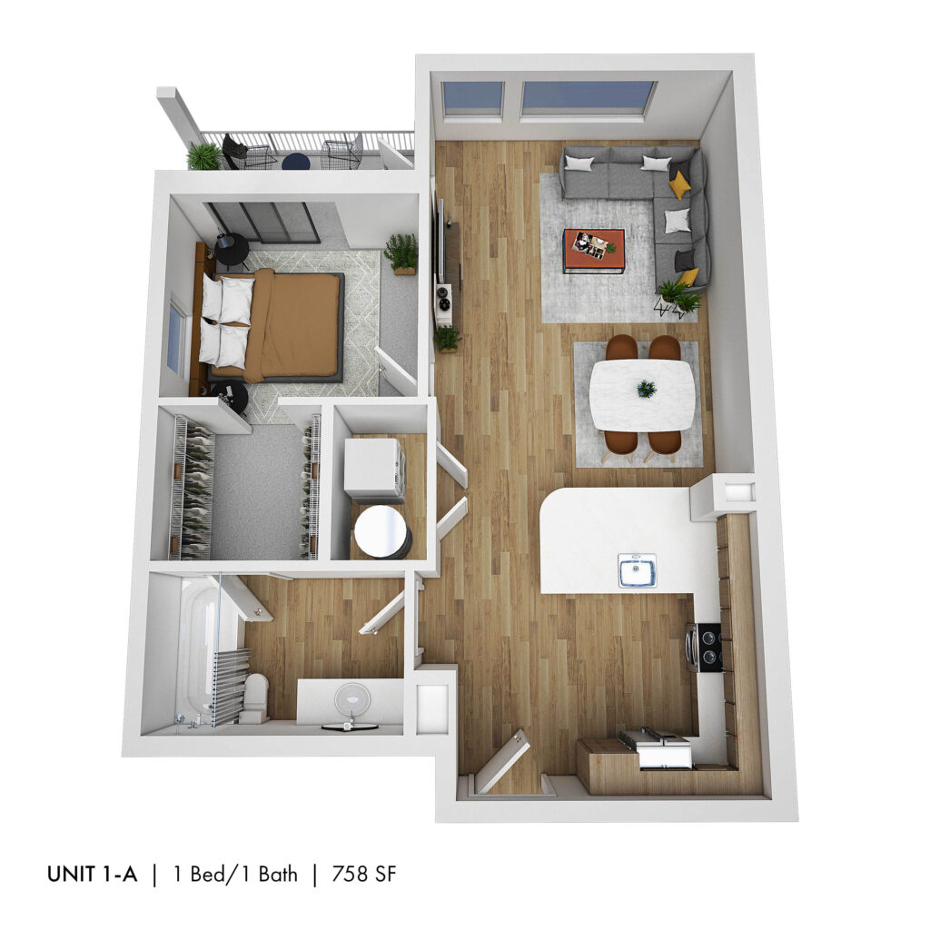 Floor plan for 1 bed, 1 bath, 758 sqft