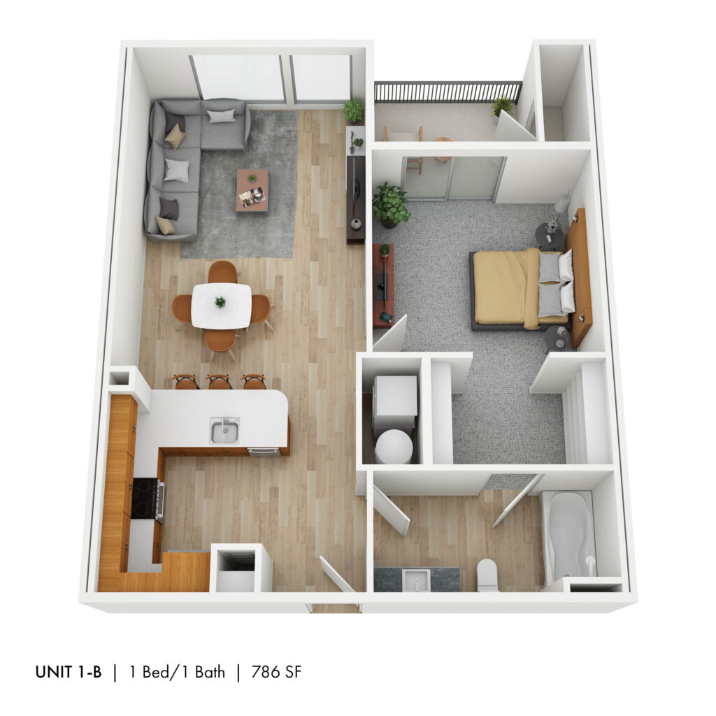 Floor plan for 1 bed, 1 bath, 786 sqft
