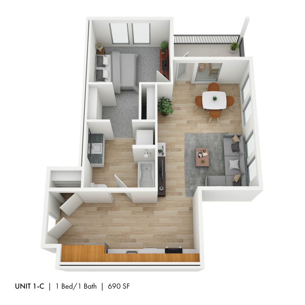 Floor plan for 1 bed, 1 bath, 690 sqft