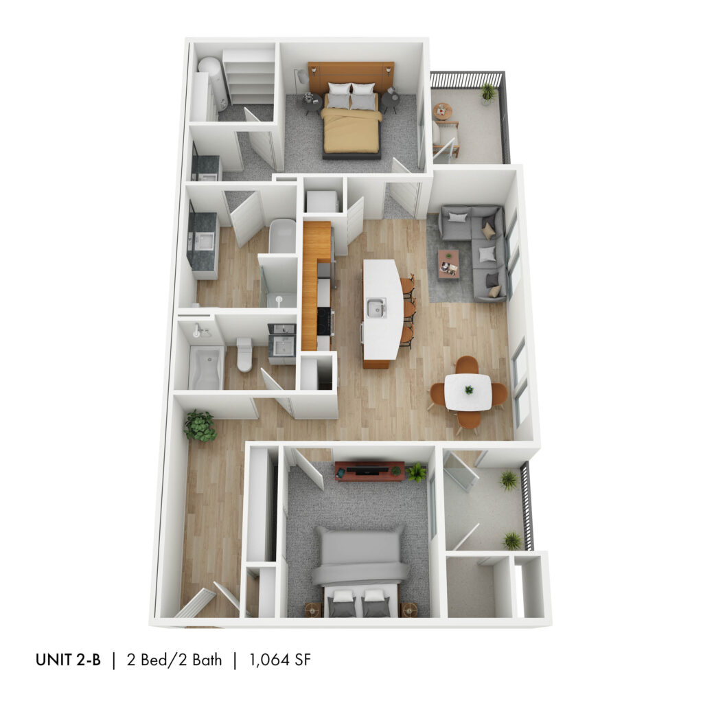 Floor plan for 2 beds, 2 baths, 1064 sqft