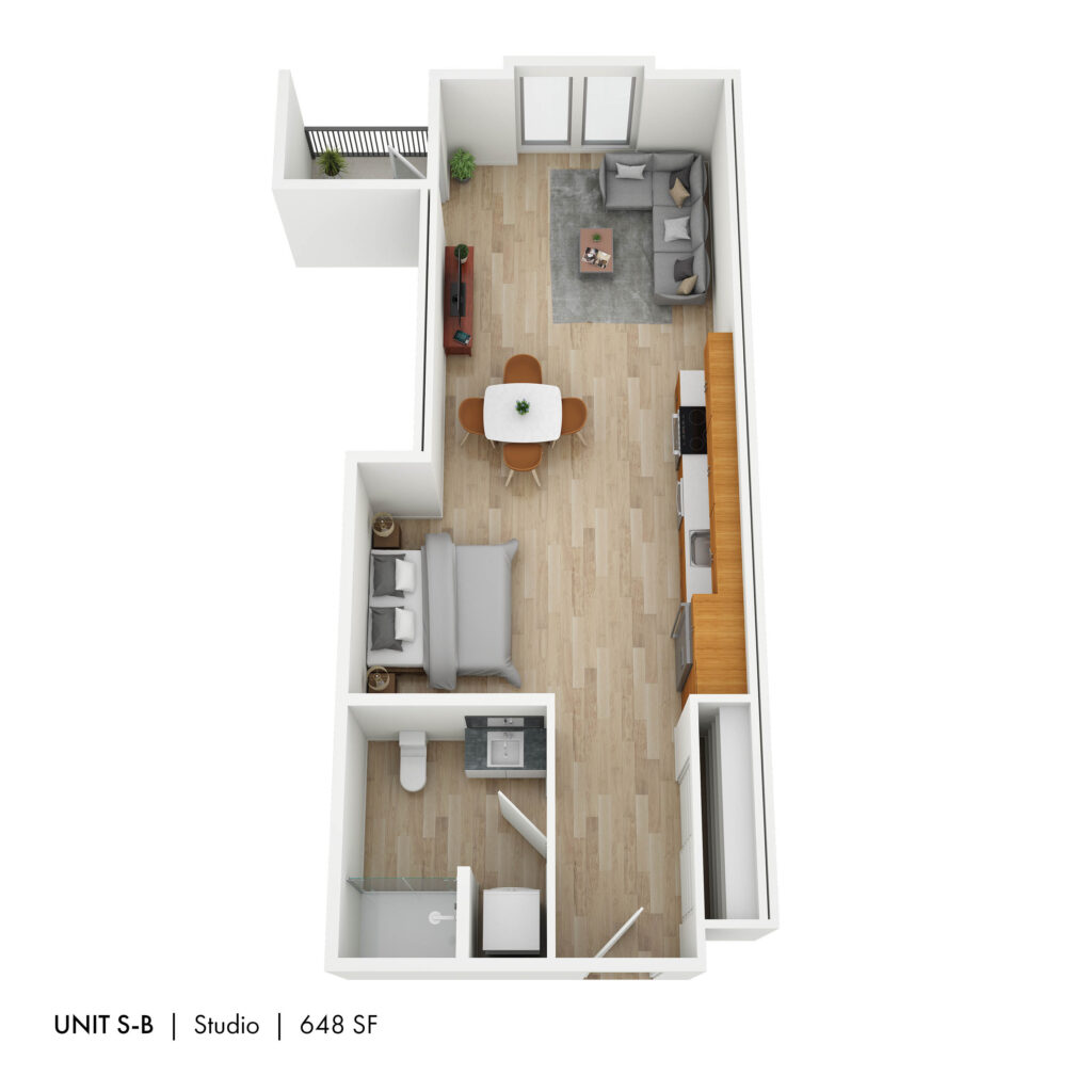 Floor plan for studio, 1 bath, 648 sqft