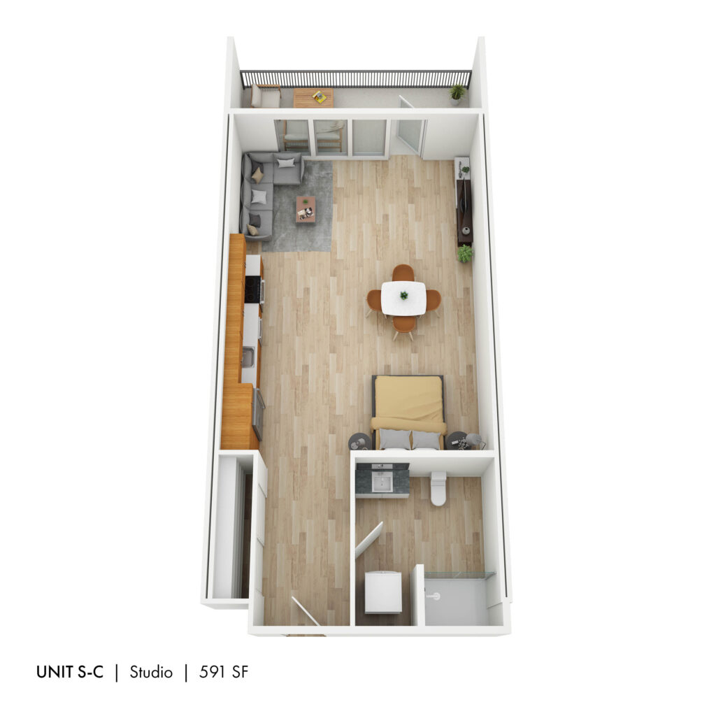 Floor plan for studio, 1 bath, 591 sqft