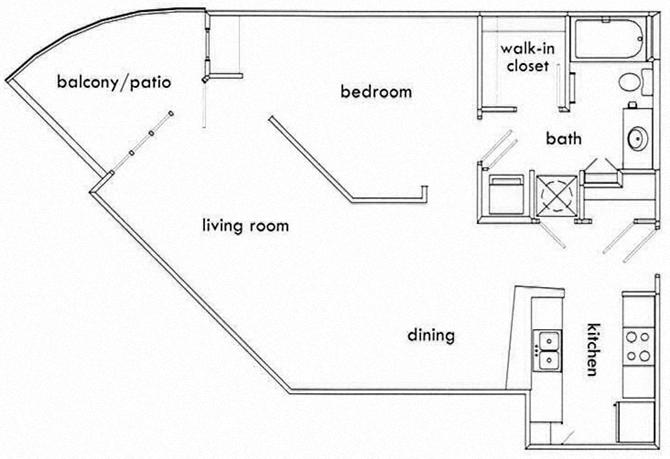 Floor plan for 1 bed, 1 bath, 831 sqft