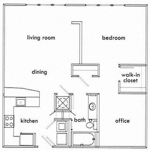 Floor plan for 1 bed, 1 bath, 906 sqft