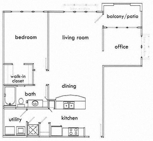 Floor plan for 1 bed, 1 bath, 940 sqft