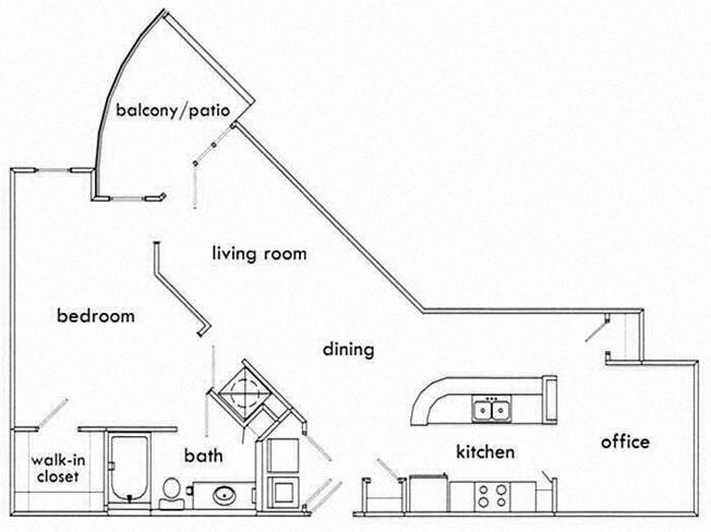 Floor plan for 1 bed, 1 bath, 992 sqft