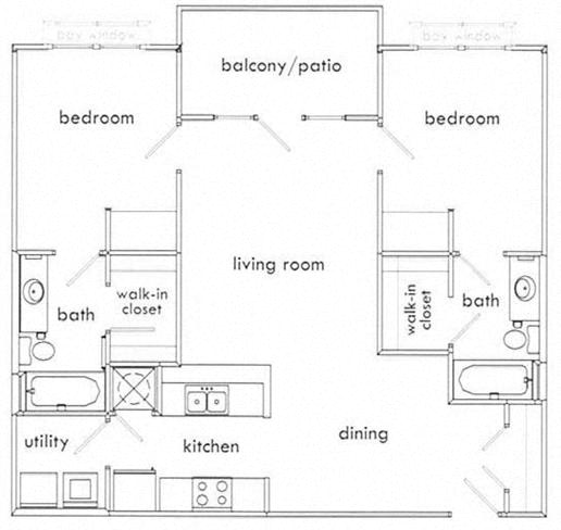 Floor plan for 2 beds, 2 baths, 975 sqft