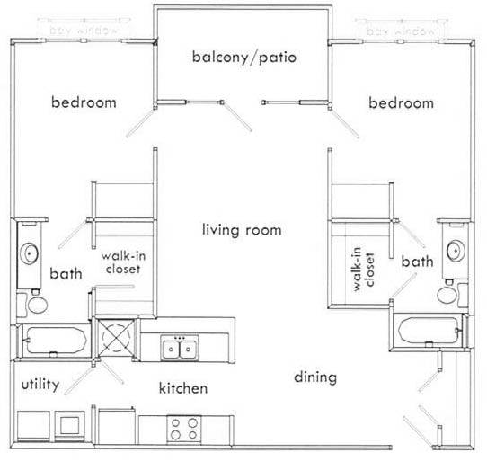 Floor plan for 2 beds, 2 baths, 975 sqft