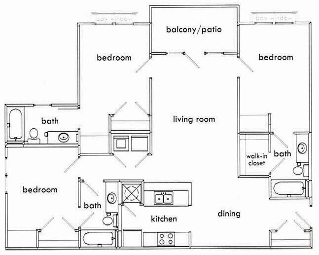 Floor plan for 3 beds, 3 baths, 1275 sqft