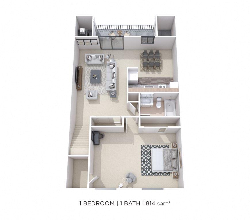Floor plan for 1 bed, 1 bath, 814 sqft