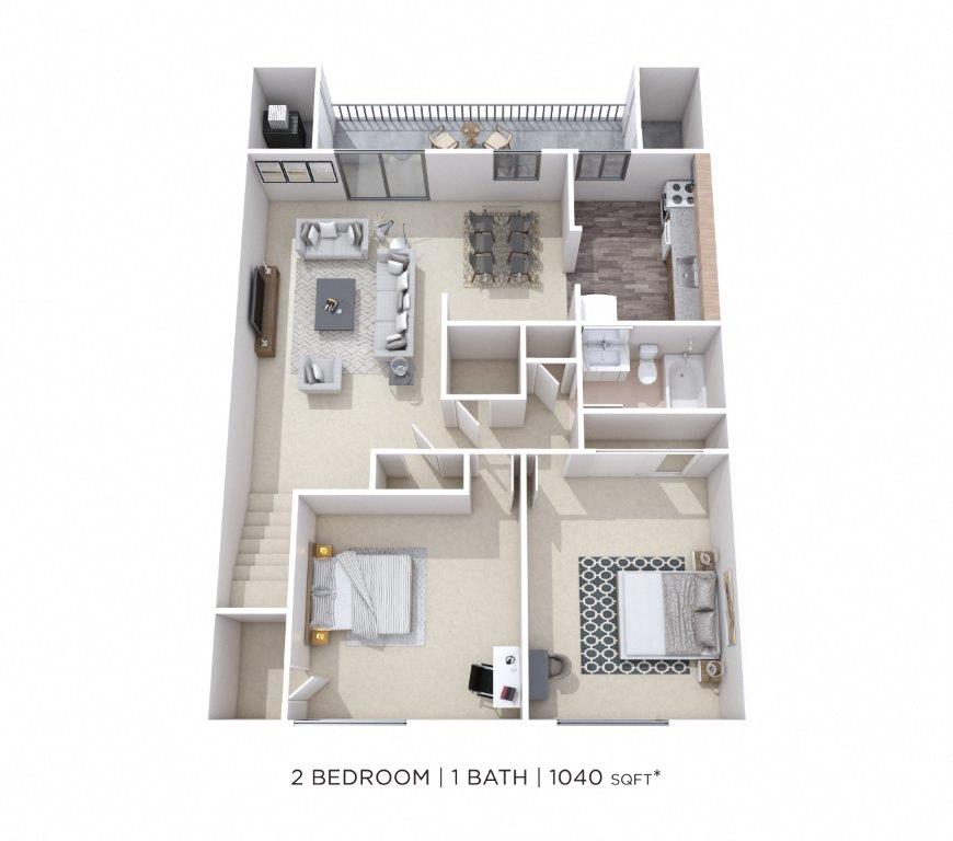 Floor plan for 2 beds, 1 bath, 1030 sqft