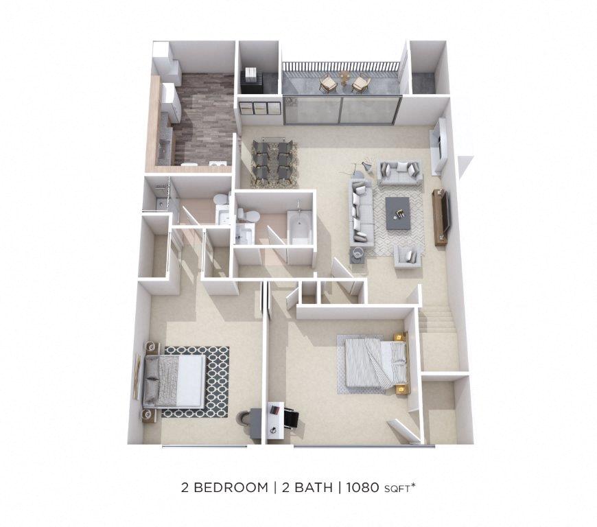Floor plan for 2 beds, 2 baths, 1080 sqft