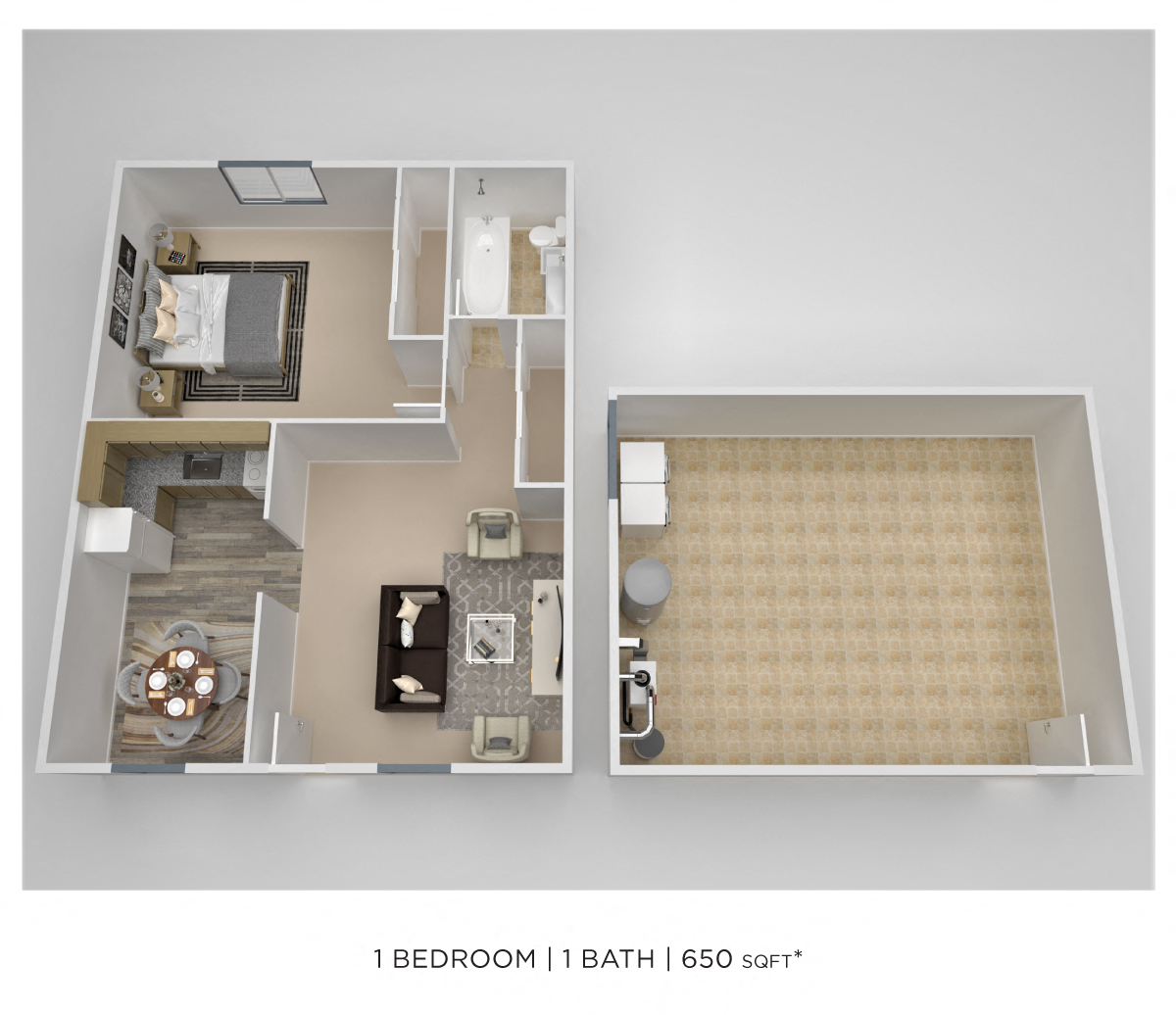 Floor plan for 1 bed, 1 bath, 650 sqft