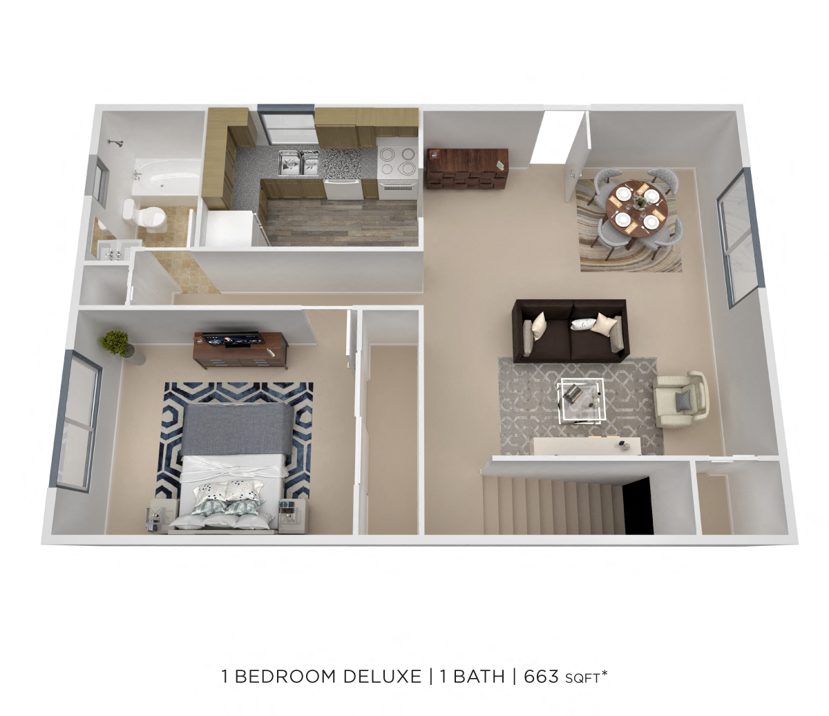 Floor plan for 1 bed, 1 bath, 663 sqft