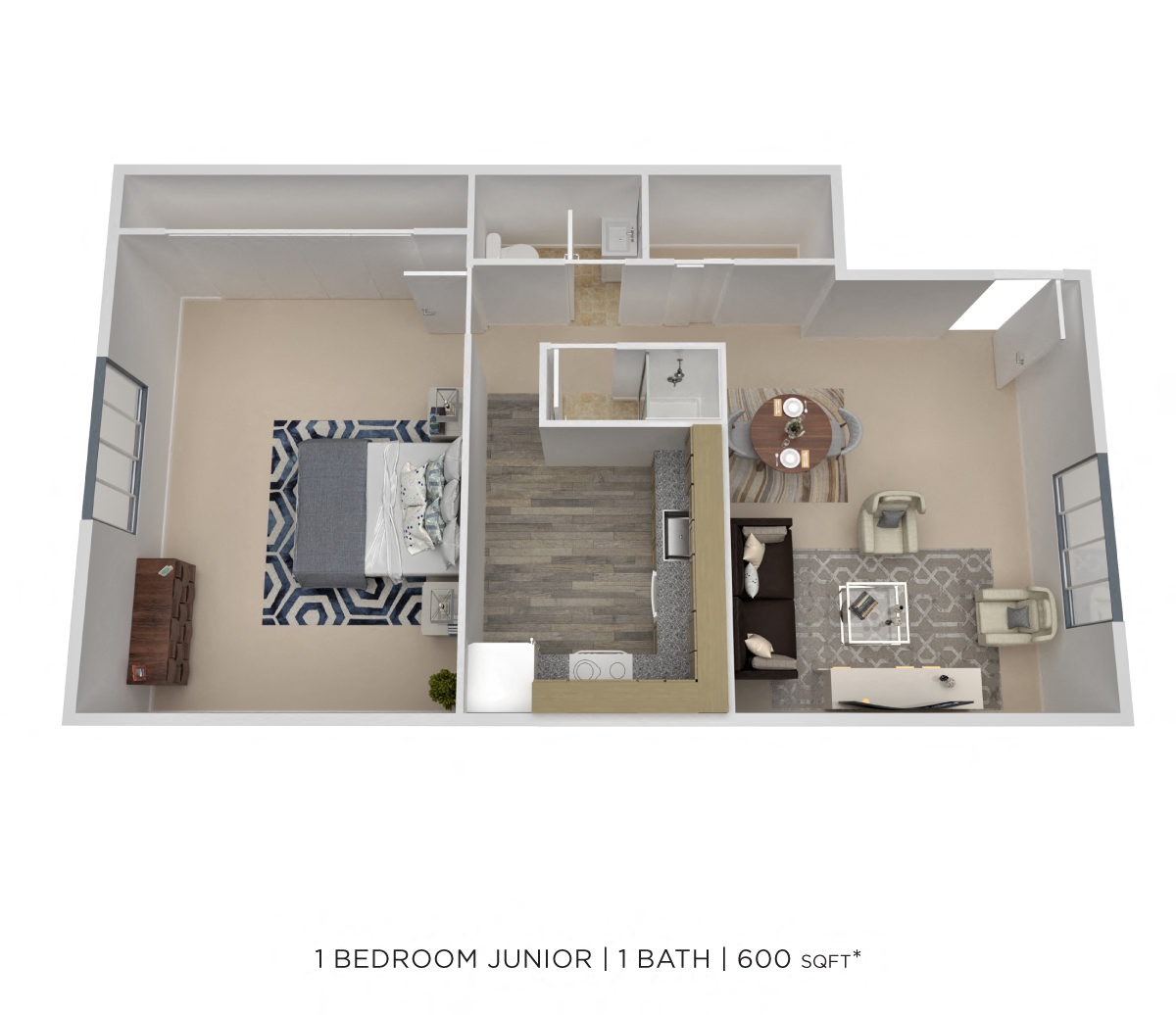 Floor plan for 1 bed, 1 bath, 600 sqft
