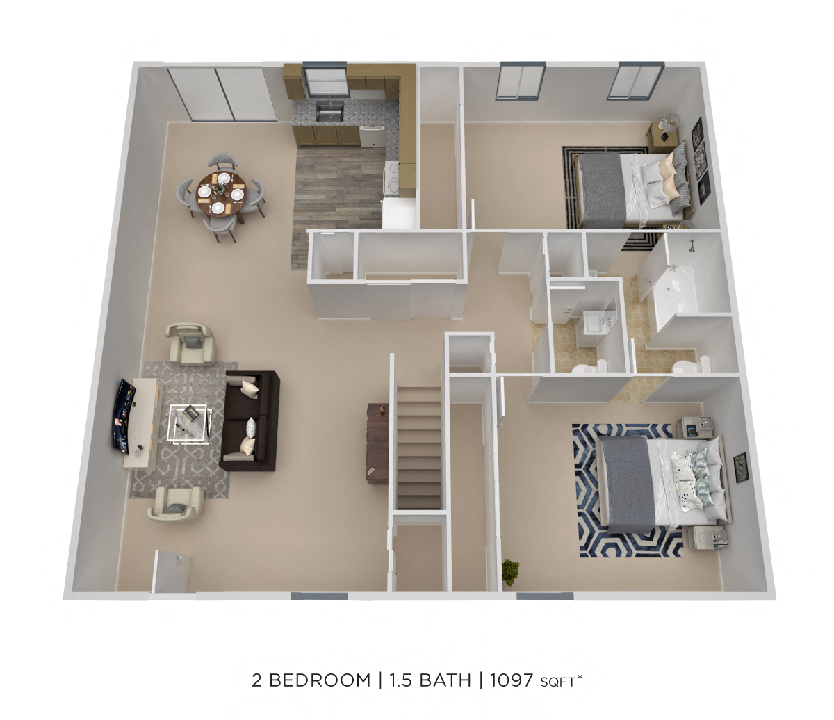 Floor plan for 2 beds, 1.5 baths, 1097 sqft