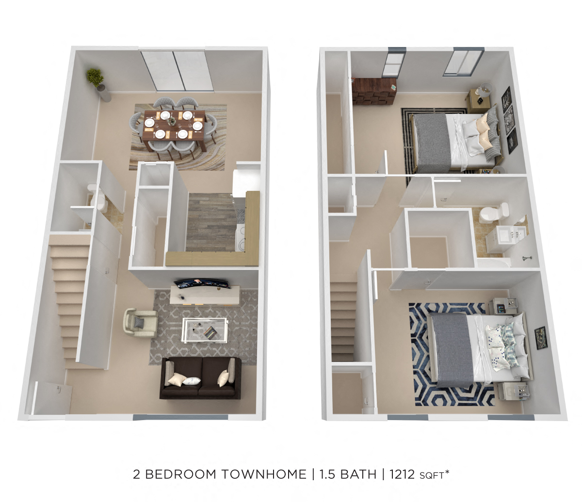 Floor plan for 2 beds, 1.5 baths, 1212 sqft