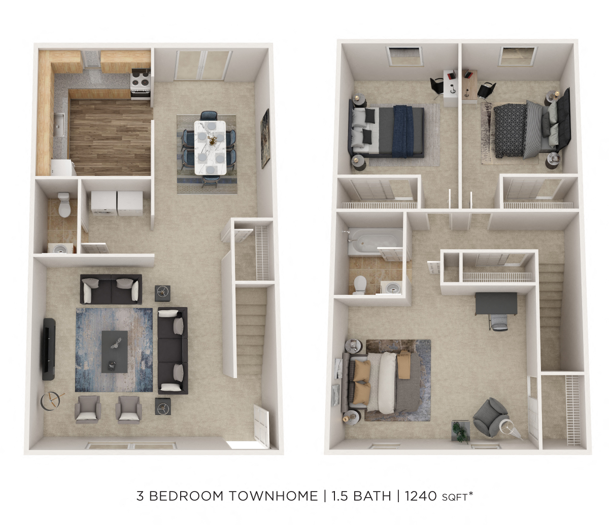 Floor plan for 3 beds, 1.5 baths, 1240 sqft
