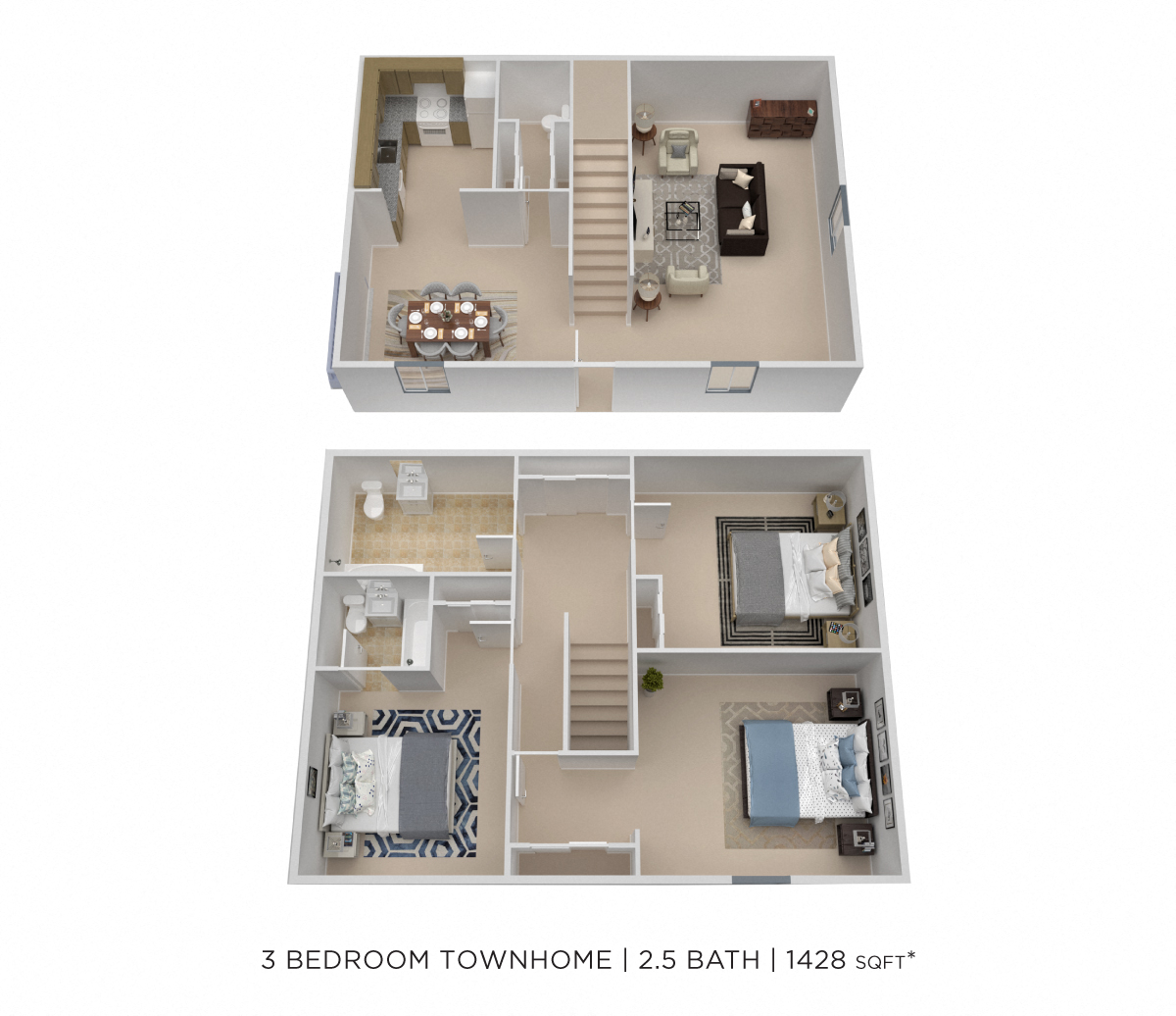 Floor plan for 3 beds, 2.5 baths, 1428 sqft