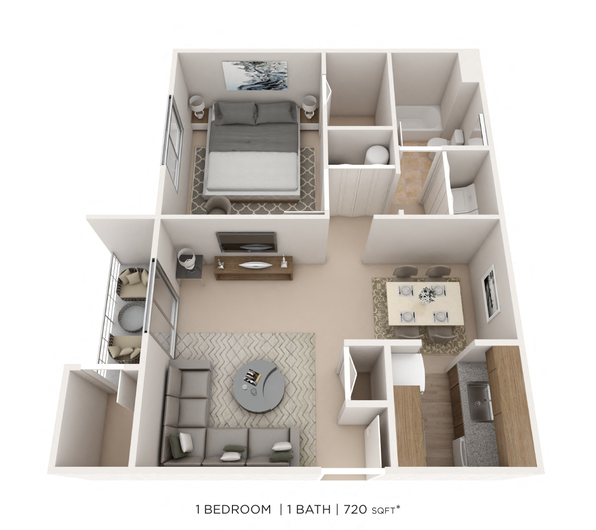 Floor plan for 1 bed, 1 bath, 720 sqft
