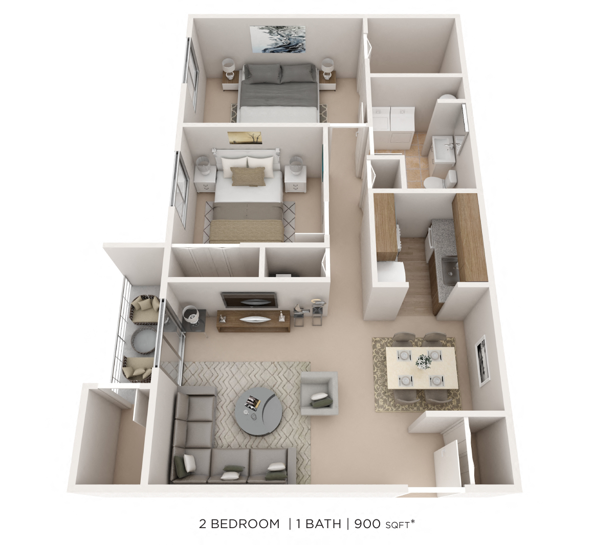 Floor plan for 2 beds, 1 bath, 900 sqft