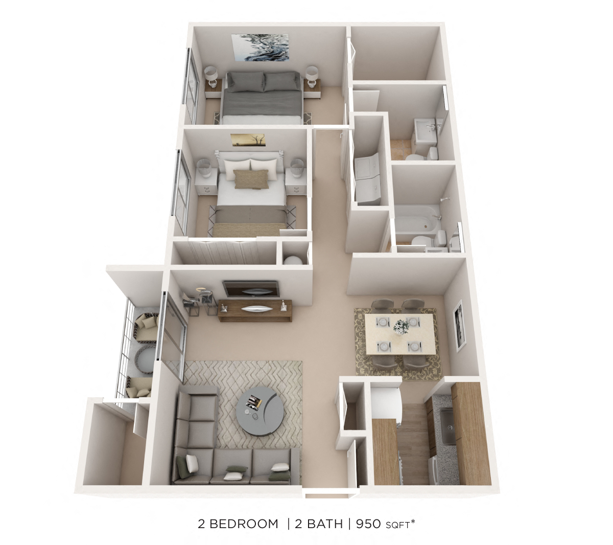 Floor plan for 2 beds, 2 baths, 950 sqft