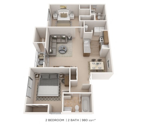 Floor plan for 2 beds, 2 baths, 980 sqft