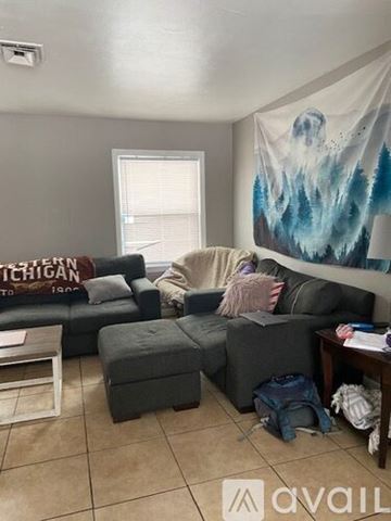 Kalamazoo house for rent - A living room with a grey couch and a banner on the wall.