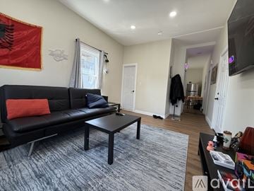 Boston apartment for rent - A living room with a black couch and a flag on the wall.