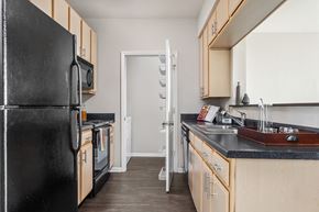 Creve Coeur apartment for rent - Galley kitchen with natural wood cabinets, hardwood flooring, and storage closet