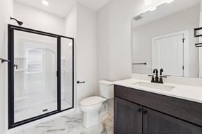 Woodbury house for rent - A bathroom with a toilet, sink, and a walk-in shower.