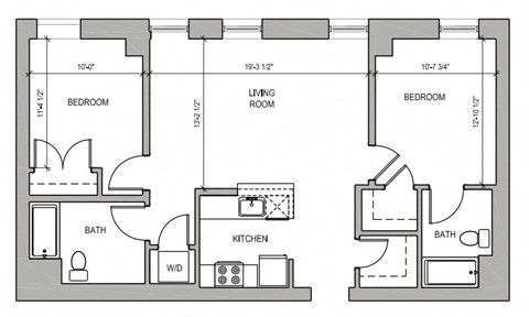 Floor plan for 2 beds, 2 baths, 902 sqft