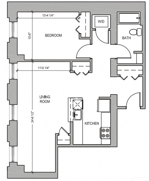 Floor plan for 1 bed, 1 bath, 770 sqft