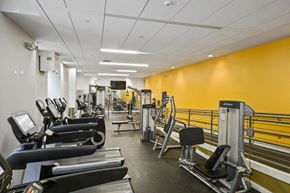 Boston apartment for rent - a gym with cardio equipment and weights in a building with yellow walls