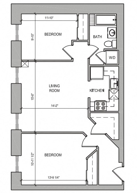Floor plan for 2 beds, 1 bath, 695 sqft