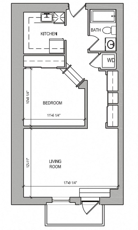 Floor plan for studio, 1 bath, 636 sqft