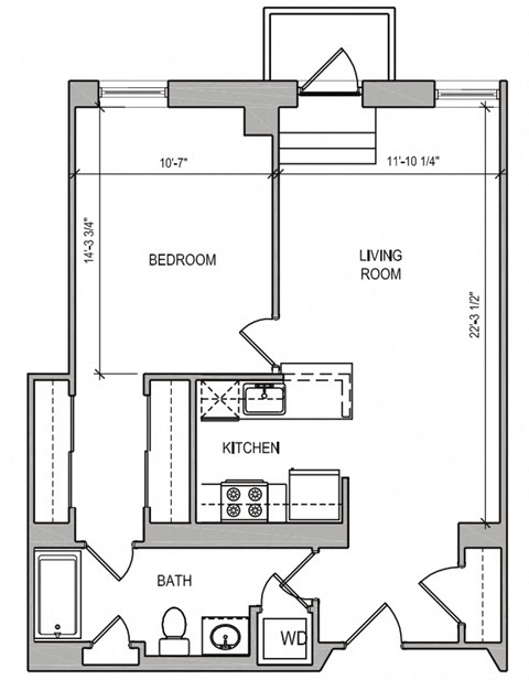 Floor plan for 1 bed, 1 bath, 704 sqft