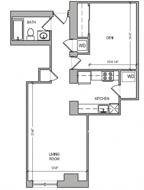 Floor plan for studio, 1 bath, 655 sqft
