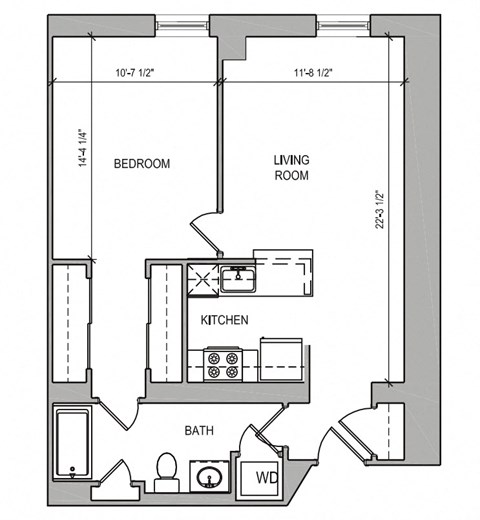 Floor plan for 1 bed, 1 bath, 653 sqft