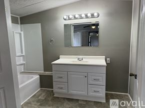 Zebulon house for rent - A bathroom with a white vanity and a mirror above it.